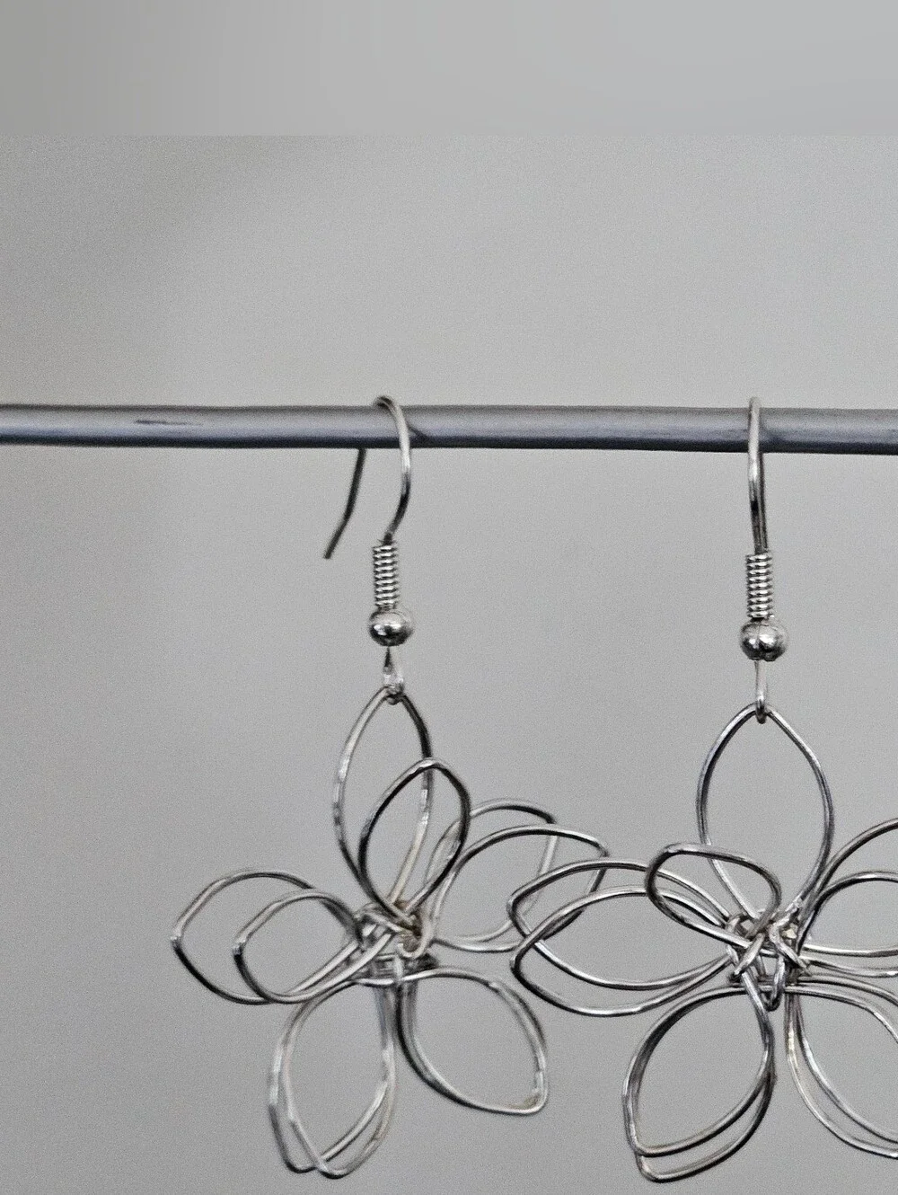 Silver Flower, 3D, Wire Drop Earrings, NWT